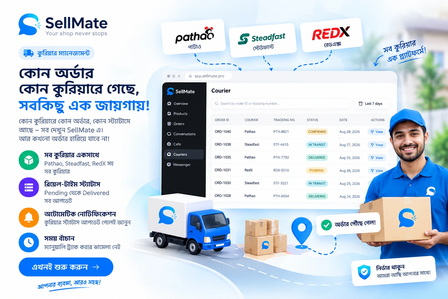 SellMate Courier ম্যানেজমেন্ট — Pathao, Steadfast, RedX সব কুরিয়ারের স্ট্যাটাস এক জায়গায়